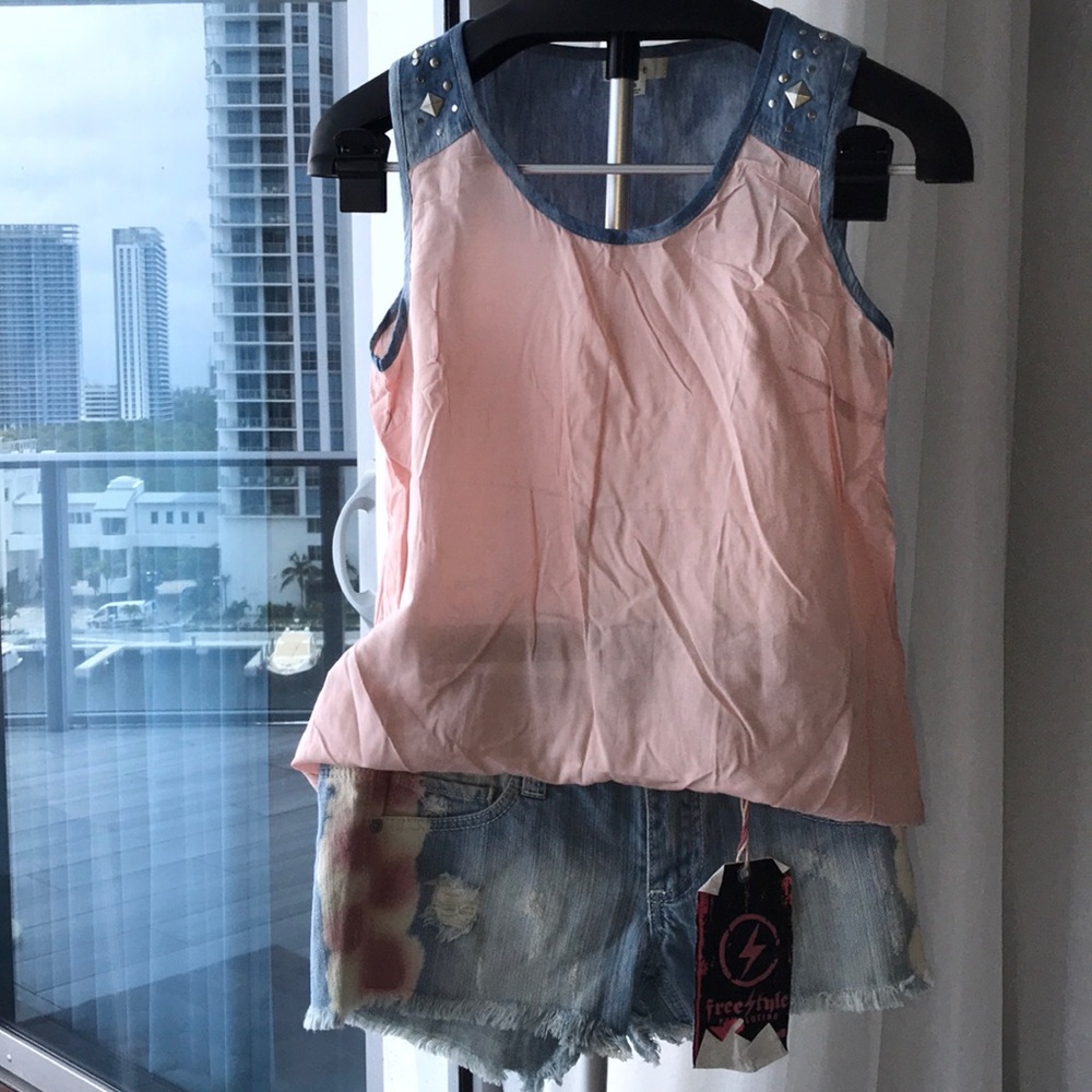 Blush and blue top and jean shorts